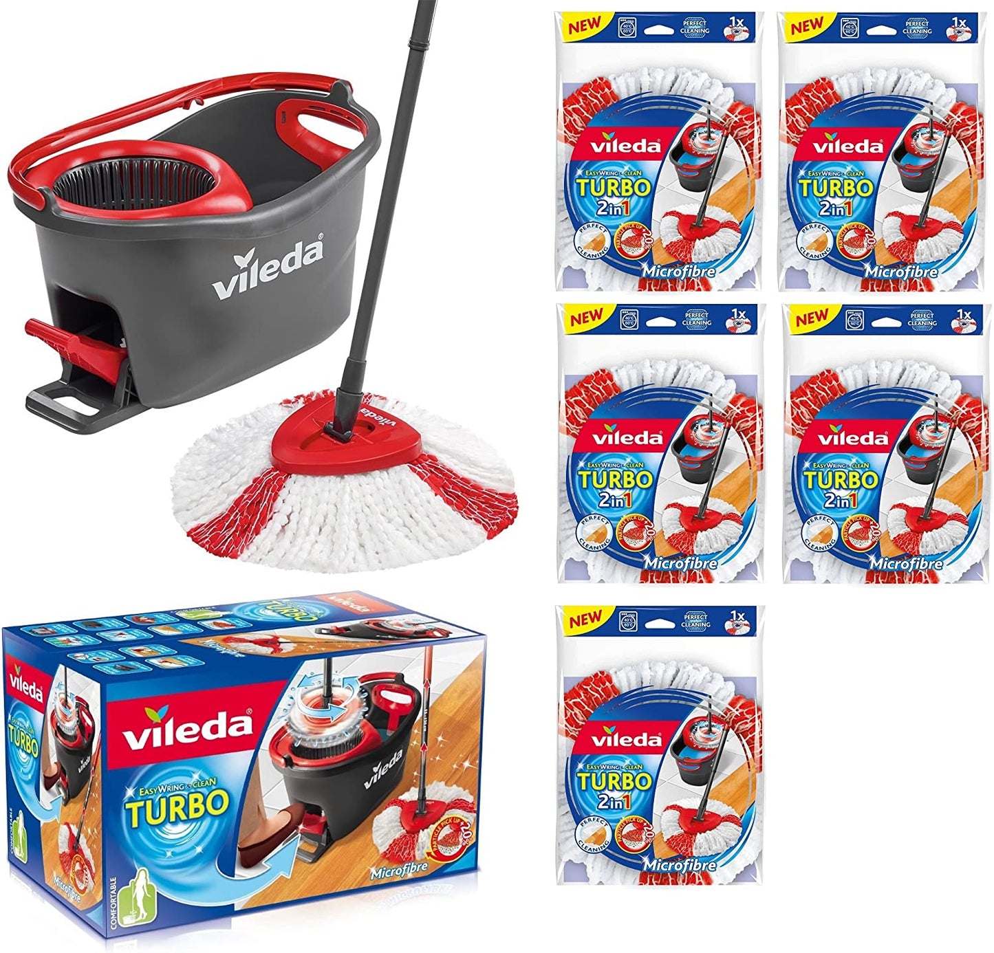 VILEDA Turbo EasyWring & Clean Complete Set Mop with Bucket and Power Spinner Plus 5x Replacement Head Turbo - UK BUSINESS SUPPLIES