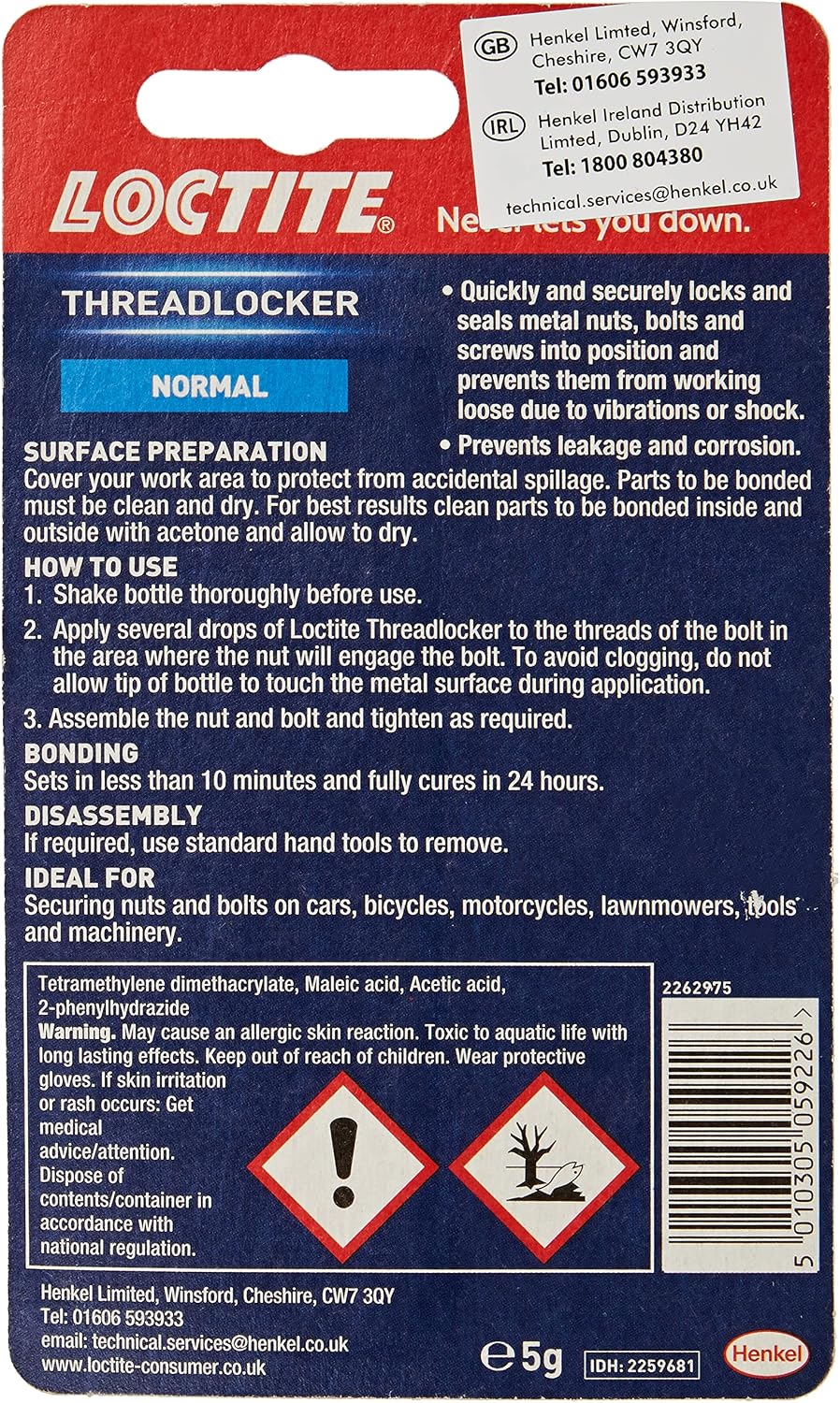 Loctite Threadlocker, Locks & Seals All Metal Nuts, Balls & Screws | 1 x 5g Tube