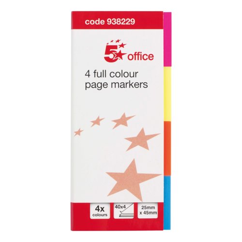 5 Star Index Page Marker Flag 25x45mm 40 Flags per Colour x4 Colours Neon Assorted 938229
