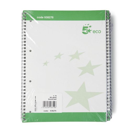 5 Star Recycled Spiral Notebook Ruled Margin Perforated 100 Page A4+ Green/White (Pack of 10) 938276