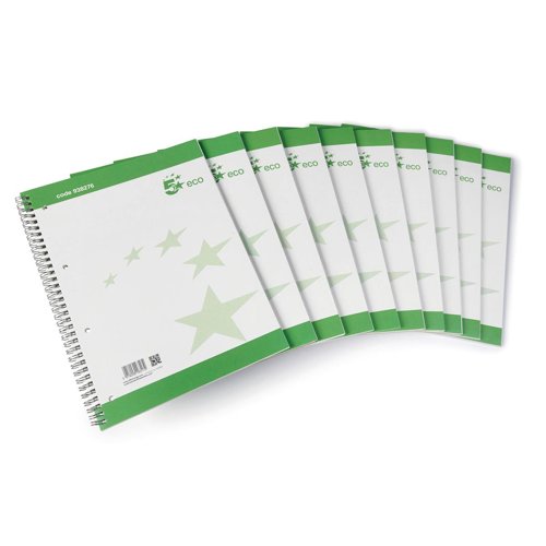 5 Star Recycled Spiral Notebook Ruled Margin Perforated 100 Page A4+ Green/White (Pack of 10) 938276