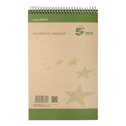 5 Star Spiral Shorthand Notebook Ruled 70gsm 160 Page 127x200mm Green/Buff (Pack of 10) 938287