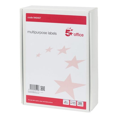 5 Star Multipurpose Labels Laser Copier Inkjet 64x38mm White (Pack of 10500) 940457