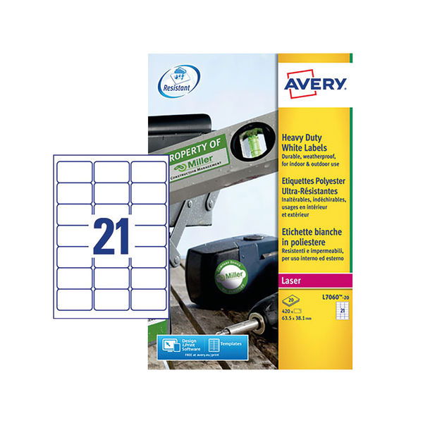 Avery Heavy Duty Labels Laser 21 per Sheet 63.5x38.1mm White Ref L7060-20 [420 Labels]