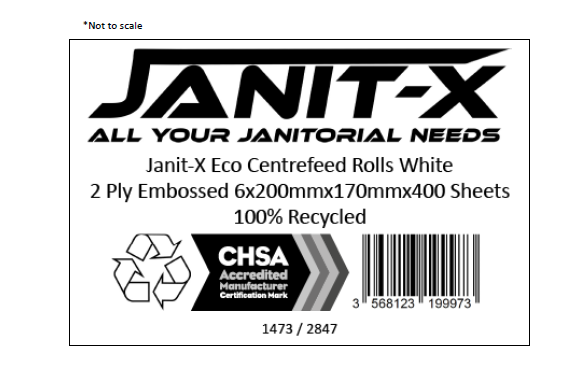 Janit-X Eco 100% Recycled Centrefeed Rolls White 6 x 400s CHSA Accredited