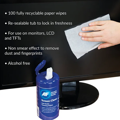 AF Screen-Clene Anti Static Wipes Tub (100 Wipes)