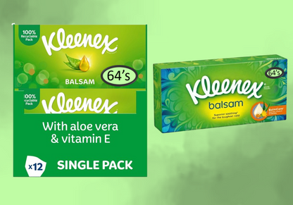 Kleenex Balsam Facial Tissues 12 Pack 64 Tissues Box, For Everyday Use Aloe Vera