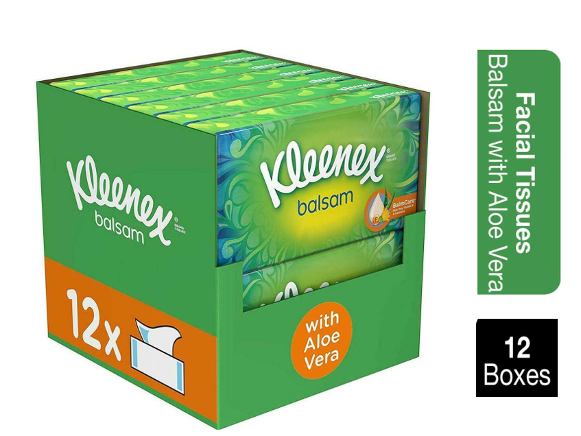 Kleenex Balsam Facial Tissues 12 Pack 64 Tissues Box, For Everyday Use Aloe Vera