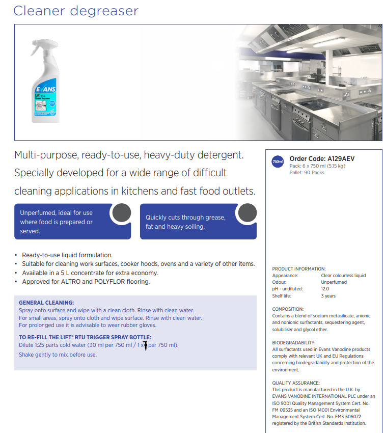 Evans LIFT Unperfumed Heavy Duty Cleaner & Degreaser RTU 750ml