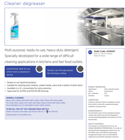 Evans LIFT Unperfumed Heavy Duty Cleaner & Degreaser RTU 750ml