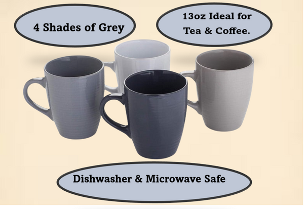 Sabichi Grey Mug Set of 4 x13oz Capacity - Stoneware Mugs