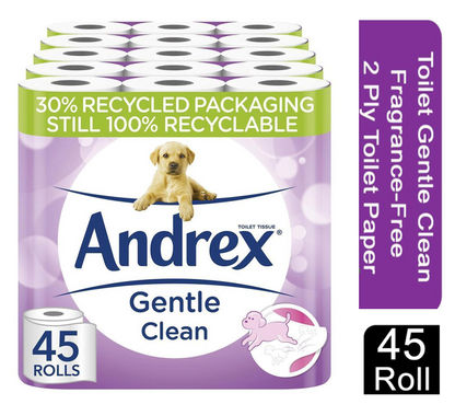 Andrex 2-Ply Toilet Roll Puppies On A Roll Clean & Gentle White (Pack of 9)