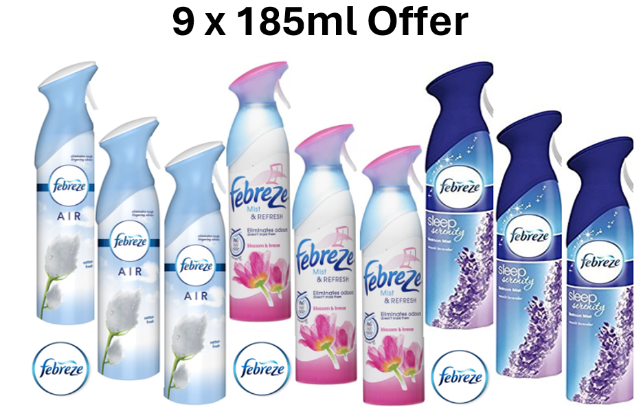 Febreze Multi Pack Offer 9 x 185ml Blossom {3} ,Cotton {3} ,Lavender {3}