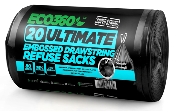 20-Pack Ultimate Embossed Black Drawstring Bin Liner Bin Bag Refuse Sacks Heavy Duty - 80L Capacity