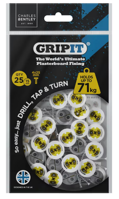 Gripit 15mm Plasterboard Fixing Stud Wall Anchor Max 71kg | Yellow | 25 Pack