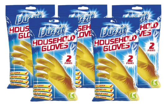 Duzzit Household Gloves | 100% Latex | Comfort Fit | Lined | 5 Packs Of 2 | Size Large | Yellow