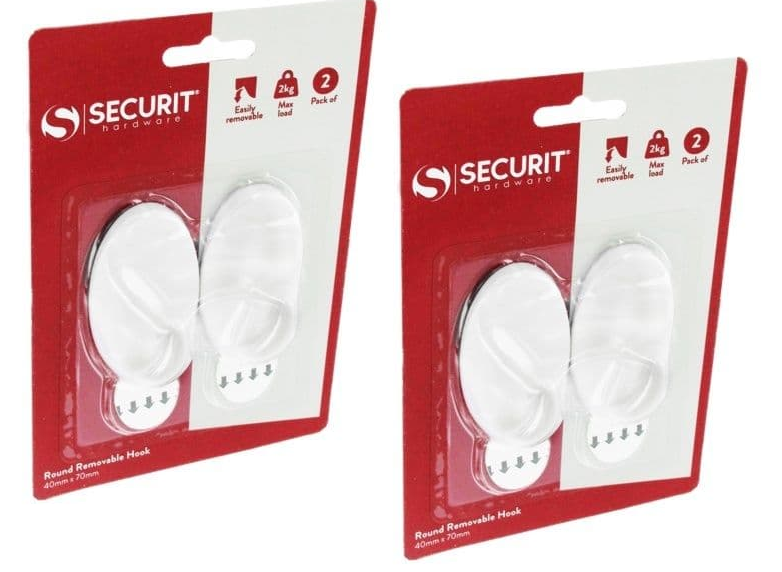 Securit 2-Packs 4pcs Large Hooks with Adhesive Strips | Damage-Free Remove | Upto 2kg
