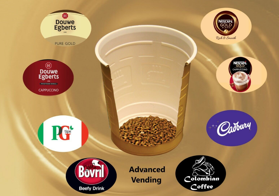 275 x Incup Variety Pack Drinks for Vending Machines 73mm Cadbury,Gold Blend,Latte, Bovril.