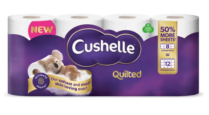 Cushelle Quilted 3-Ply Toilet Rolls 50% Longer Rolls (2 Packs of 8=12)