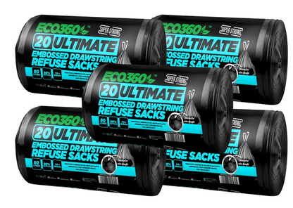 20-Pack Ultimate Embossed Black Drawstring Bin Liner Bin Bag Refuse Sacks Heavy Duty - 80L Capacity