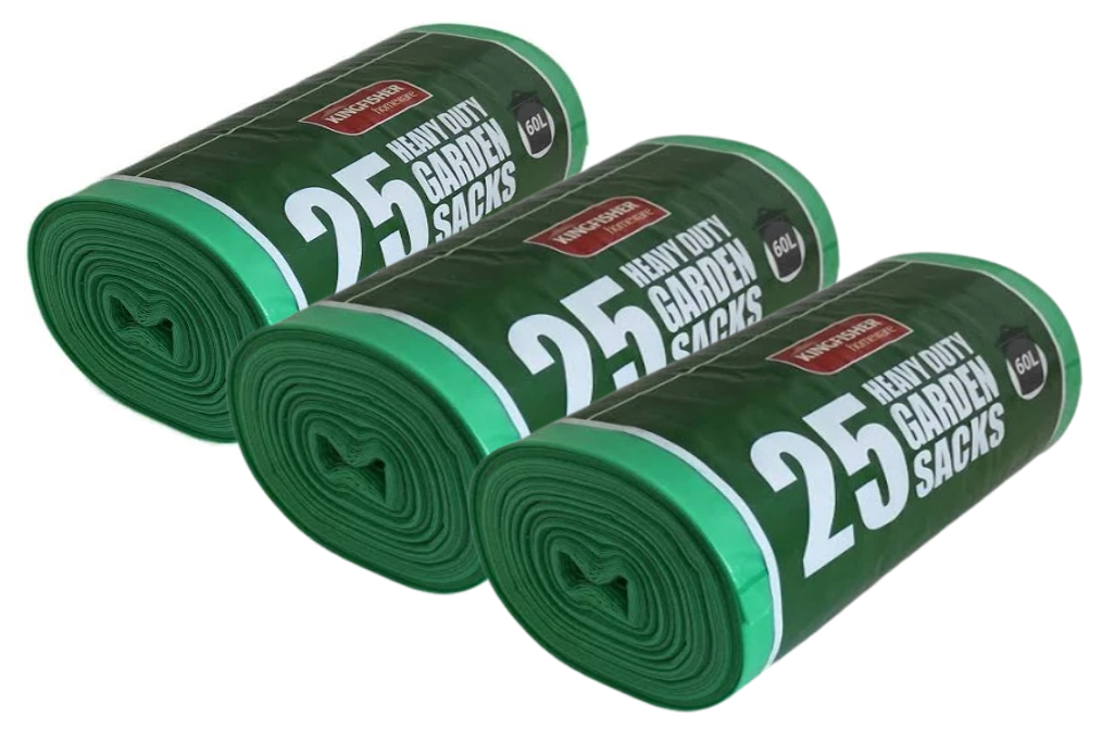 Kingfisher 60 Litre Heavy Duty Garden Sacks | Green | 3 Packs 25's | 75 Bag Bundle