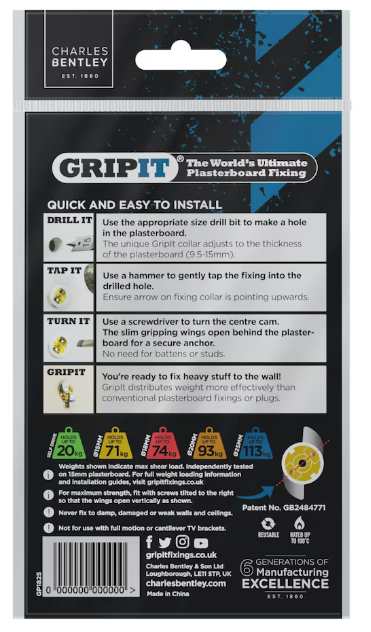 Gripit 15mm Plasterboard Fixing Stud Wall Anchor Max 71kg | Yellow | 25 Pack