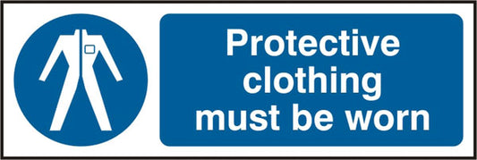 Protective Clothing Must Be Worn Sign White/Blue 300X100mm