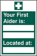 Beeswift First Aider Located Sign Self Adhesive Green 200X300mm Box 5's