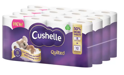 Cushelle Quilted 3-Ply Toilet Rolls 50% Longer Rolls (2 Packs of 8=12)