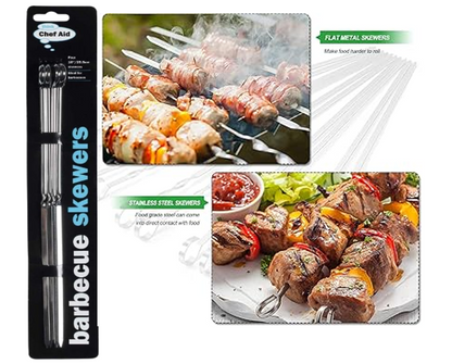 Chef Aid 10 Inch Metal BBQ Skewers | Stainless Steel | 4 Pack