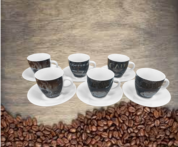 Fixtures Coffee Printed Design Espresso Cup & Saucer Set {12 Piece Set}