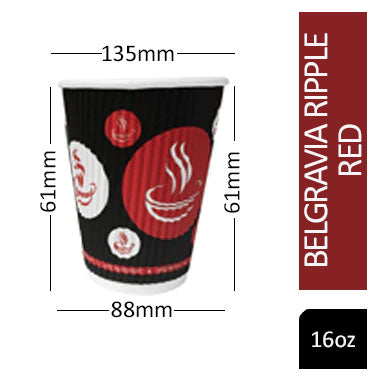 NEW Belgravia 16oz Triple Walled Paper Red & Black Ripple Cups & Black Lids 100s