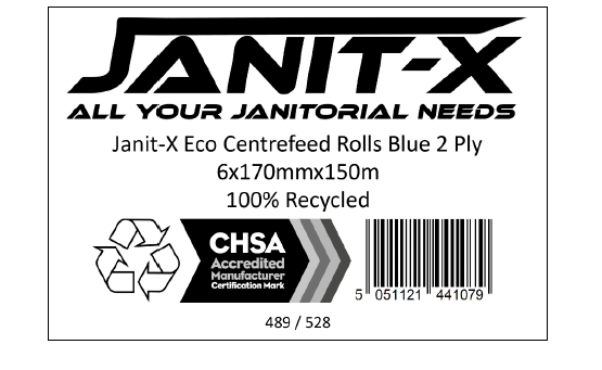 Janit-X Eco 100% Recycled XL Centrefeed Rolls Blue 6 x 150m CHSA Accredited