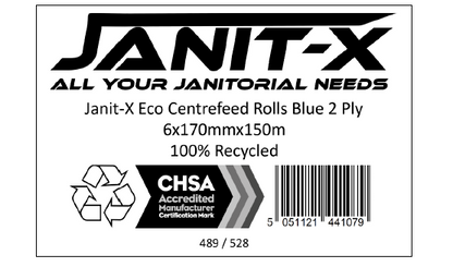 Janit-X Eco 100% Recycled XL Centrefeed Rolls Blue 6 x 150m CHSA Accredited
