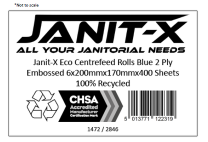 Janit-X Eco 100% Recycled Centrefeed Rolls Blue 6 x 400s CHSA Accredited