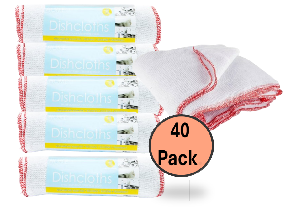 100% Cotton Basic Dishcloths 8-Pack Trimmed in Red | 5 Pack Bundle | 40 x Dishcloths