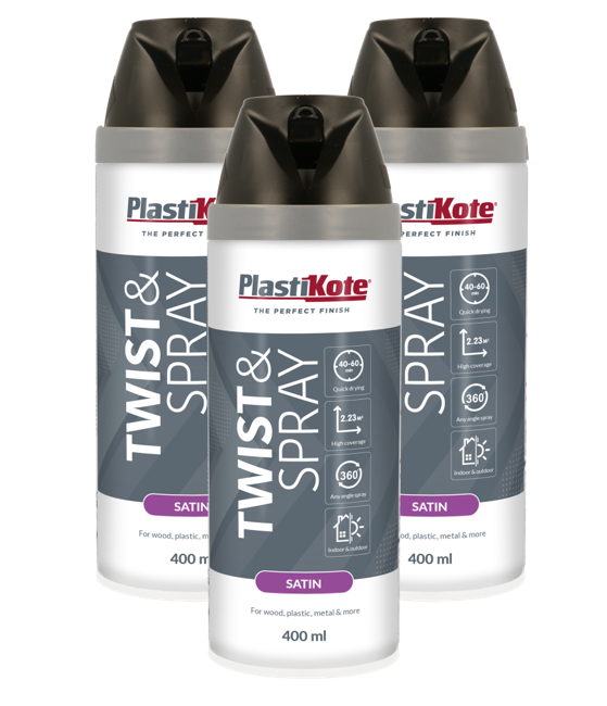 Plastikote Premium Paint Spray | Satin Finish | Black | 3 x 400ml | Coverage: 2.23m² per can