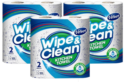 Velvet Wipe and Clean Kitchen Roll Towel Twin Pack | 3 Pack Bundle | 6 Rolls Total