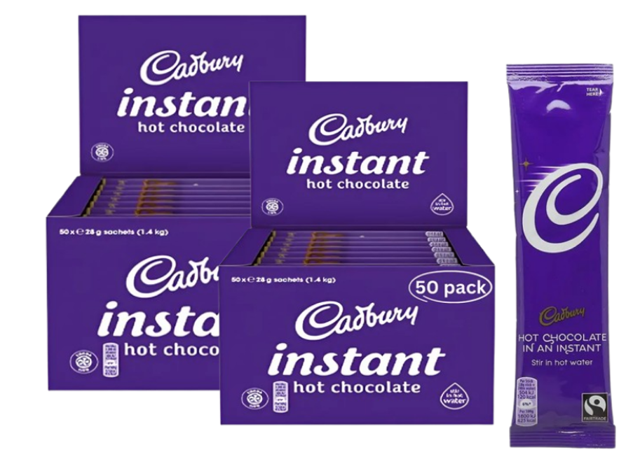 Cadbury Fairtrade Hot Chocolate Instant Sticks 100x 28g | Add Water (2 Pack of 50)