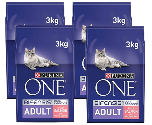 Purina ONE Adult Dry Cat Food Salmon & Wholegrain 4 x 3kg {Full Case Offer}