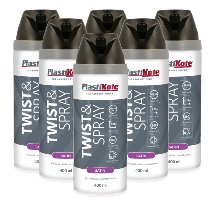 Plastikote Premium Paint Spray | Satin Finish | Black | 6 x 400ml | Coverage: 2.23m² per can