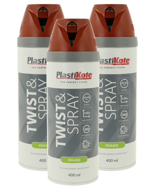Plastikote Twist and Spray Primer | 400ml | Red Oxide | 3 x Can Bundle
