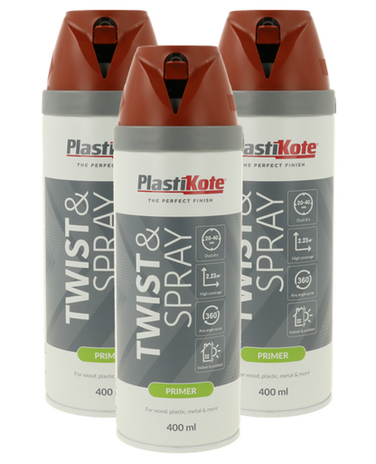 Plastikote Twist and Spray Primer | 400ml | Red Oxide | 3 x Can Bundle