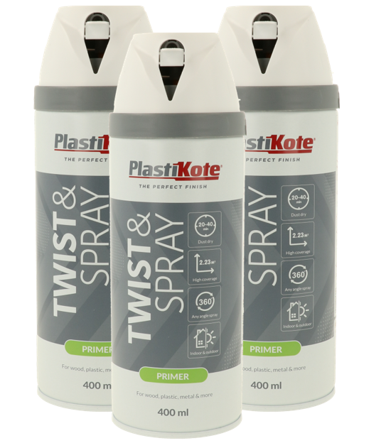 Plastikote Twist and Spray | Primer Paint | Quick Drying | White 400ml | 3 Can Bundle&nbsp;