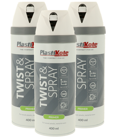 Plastikote Twist and Spray | Primer Paint | Quick Drying | White 400ml | 3 Can Bundle&nbsp;