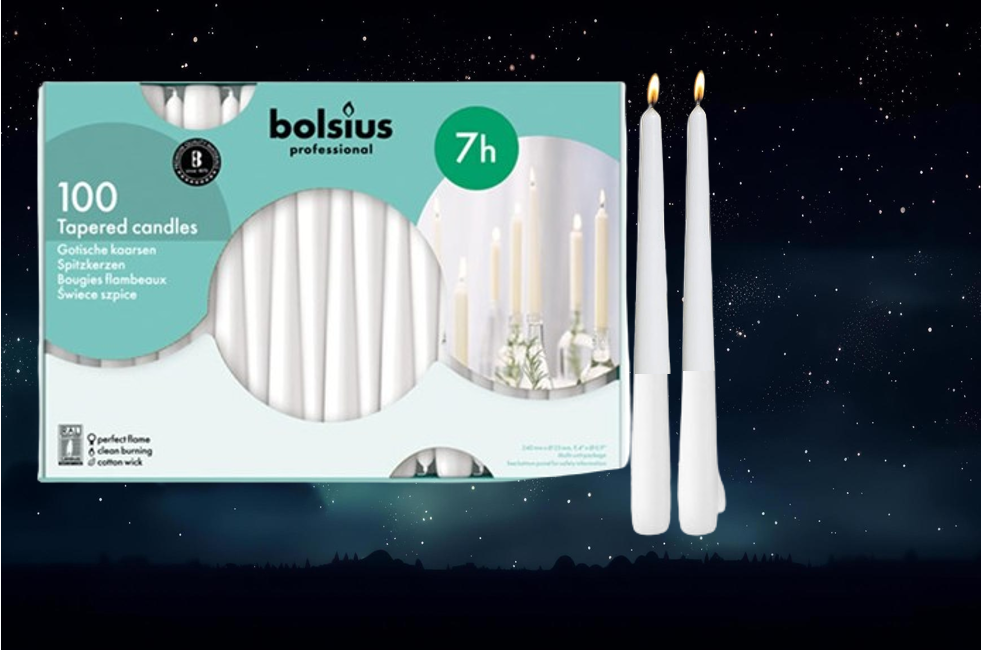 Bolsius Tapered Candles 10 Inch White 7 Hour Burn (Pack of 100)