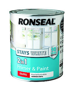 Ronseal Rslsw21Gp25L Stays 2-In-1 Primer And Paint Gloss, White, 2.5 Litre