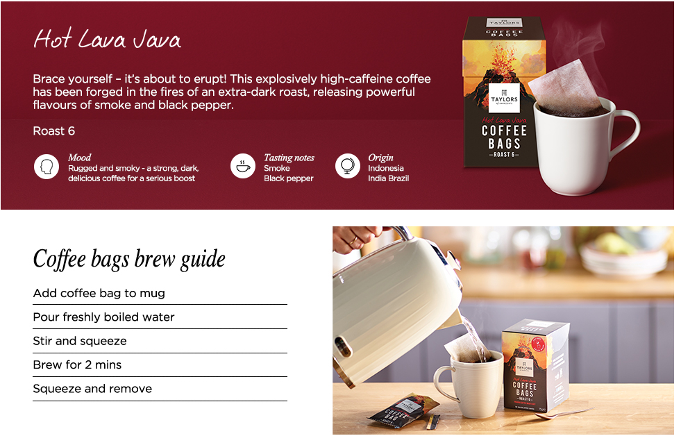 Taylors of Harrogate Hot Lava Java Coffee Bags (10 Enveloped Bags Per Pack x 3 Packs = 30 Coffee Bags)