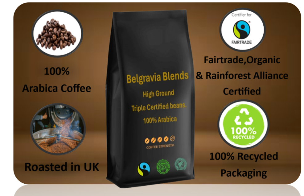Belgravia High-Ground Blend 1kg Fairtrade/Organic & Rainforest Alliance Certified Coffee Beans, 100% Arabica