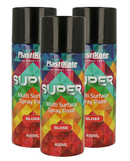 PlastiKote SUPER Spray Paint | Black | 400ml | Gloss Finish | 3 Can Bundle